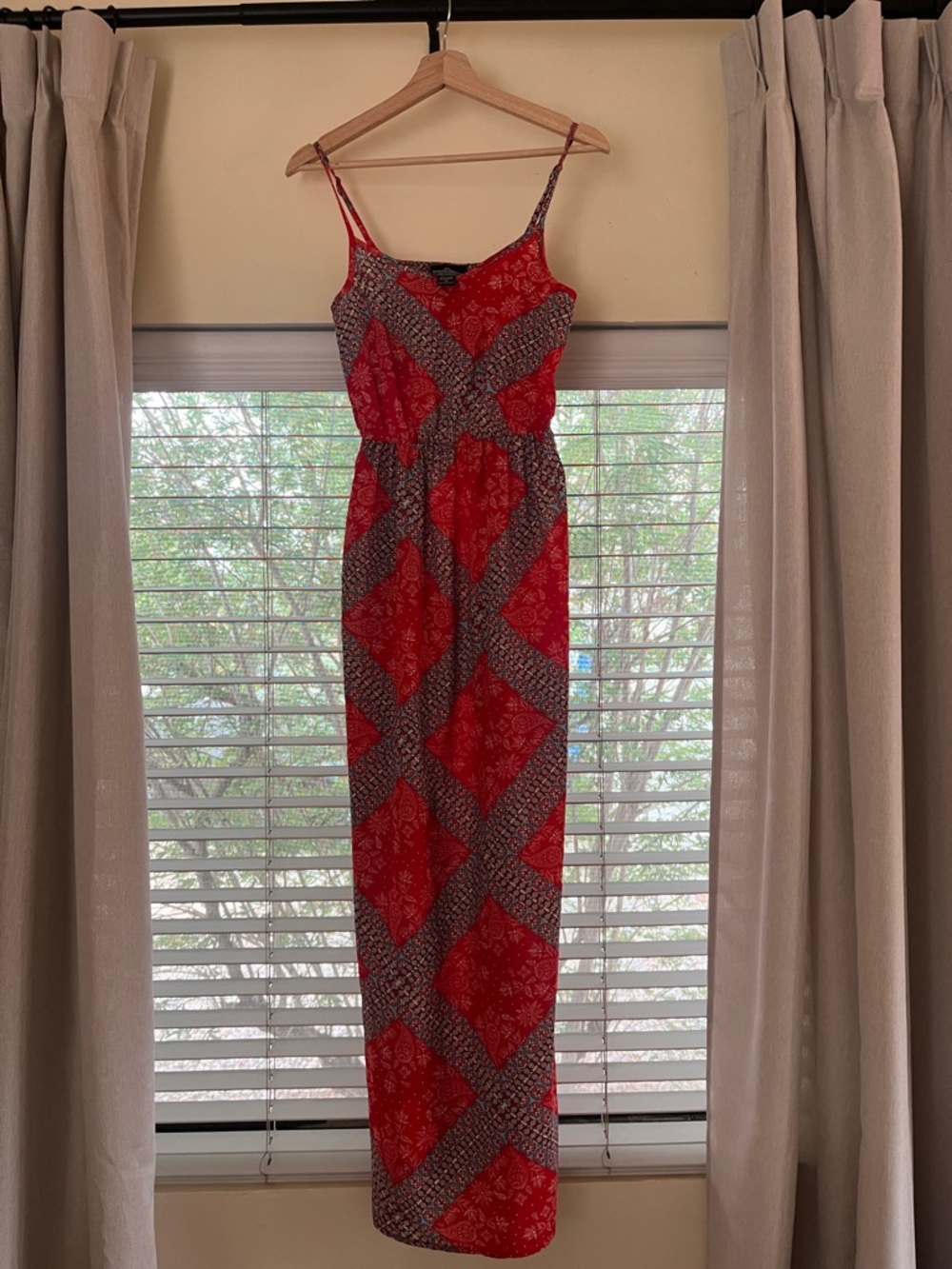 Angie Red Patterned Spaghetti Strap Maxi Dress